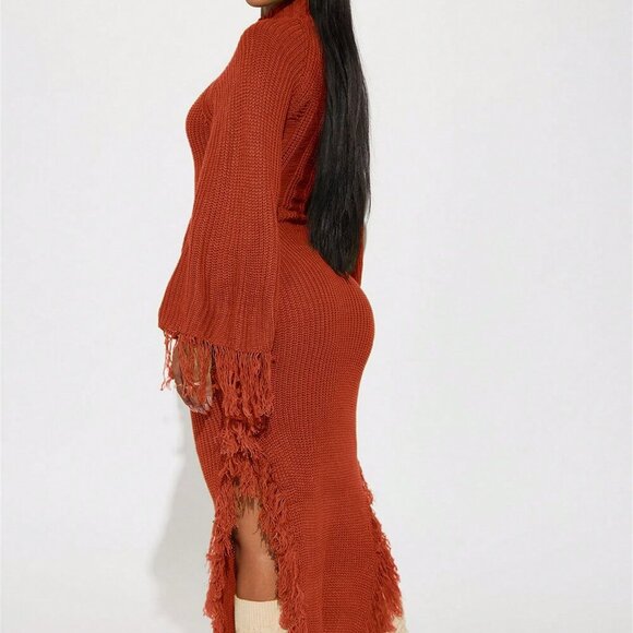 Rust Brown Casual Women's Fringe Trim Batwing Sweater maxi Dress - Picture 5 of 5